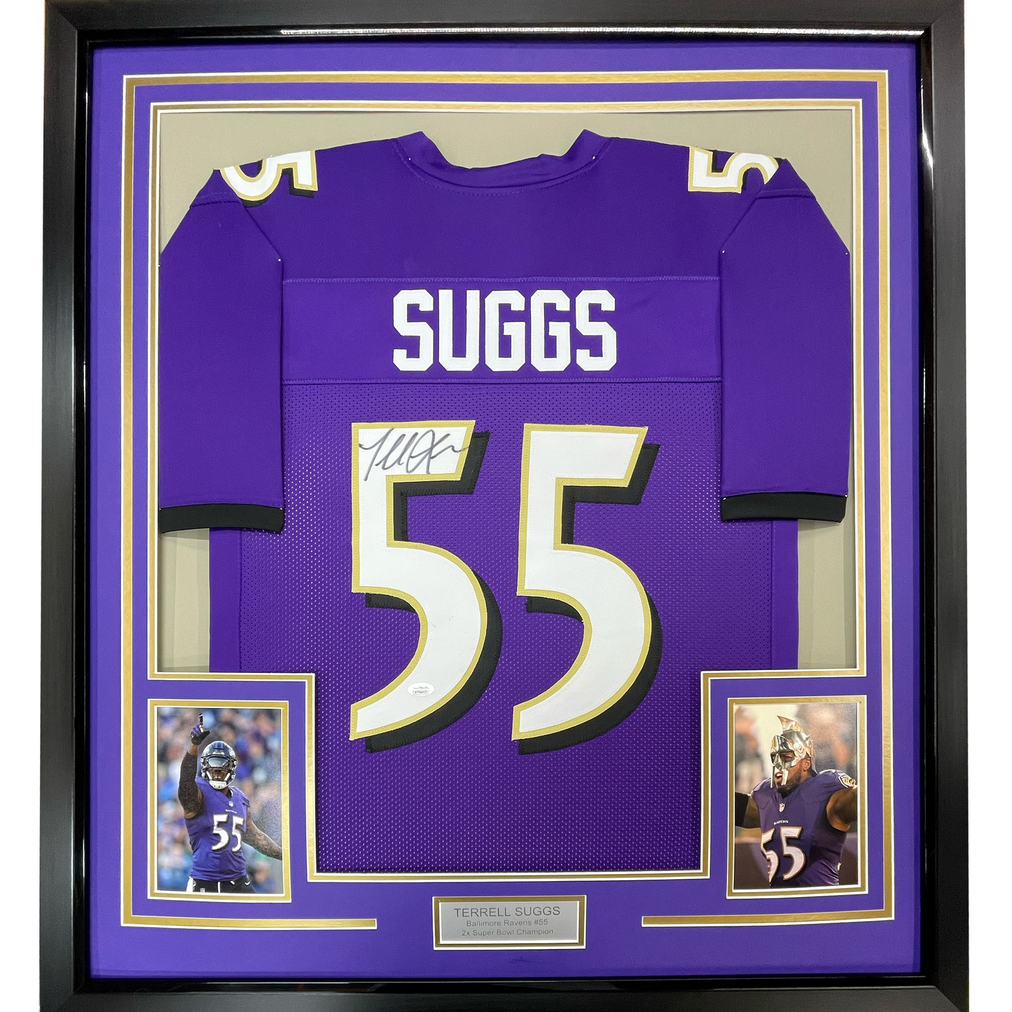 Framed Autographed/Signed Terrell Suggs 35x39 Baltimore Purple Football Jersey JSA COA