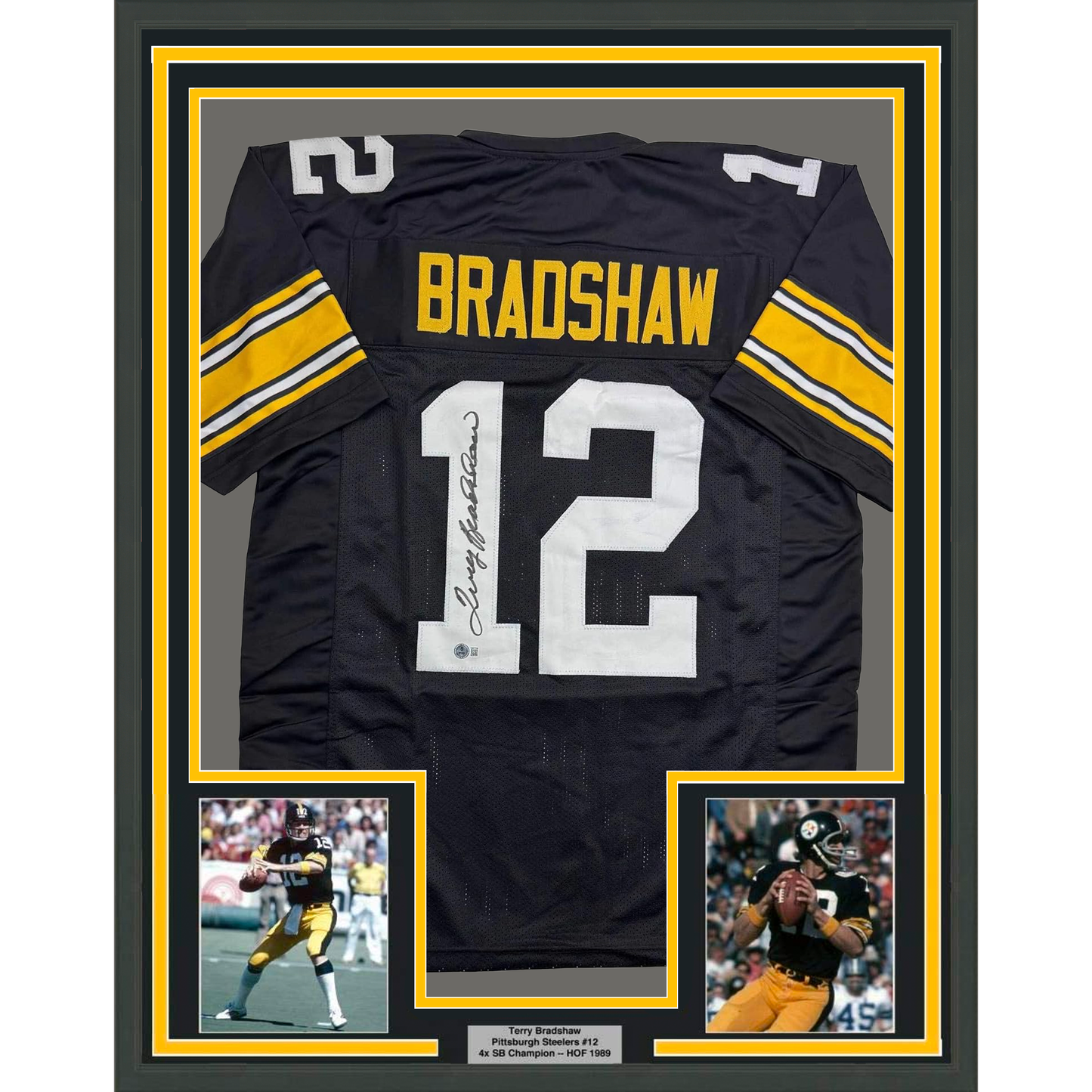 Framed Autographed/Signed Terry Bradshaw 35x39 Pittsburgh Black Football Jersey Beckett BAS COA