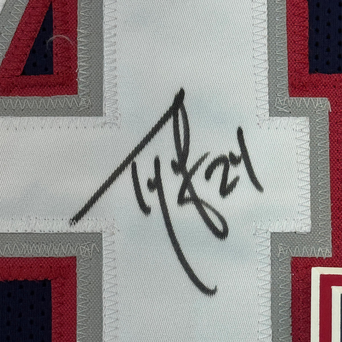 Framed Autographed/Signed Ty Law 35x39 New England Blue Football Jersey JSA COA