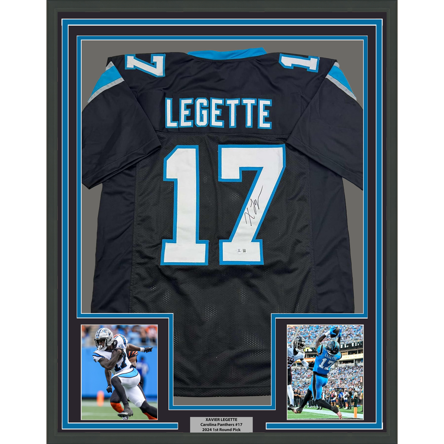 Framed Autographed/Signed Xavier Legette 35x39 Carolina Black Football Jersey Beckett BAS COA