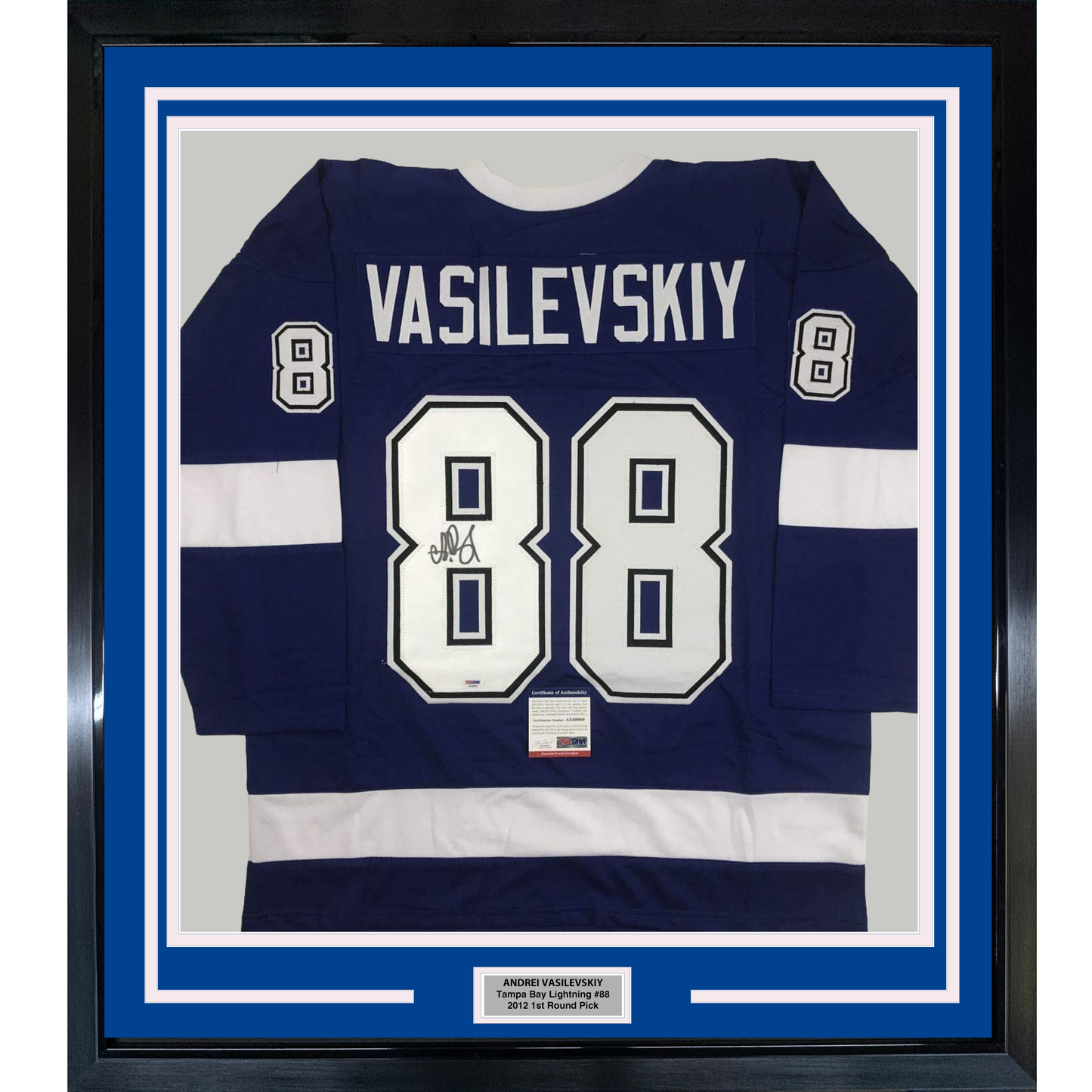 Framed Autographed/Signed Andrei Vasilevskiy 35x39 Tampa Bay Blue Hockey Jersey PSA/DNA COA