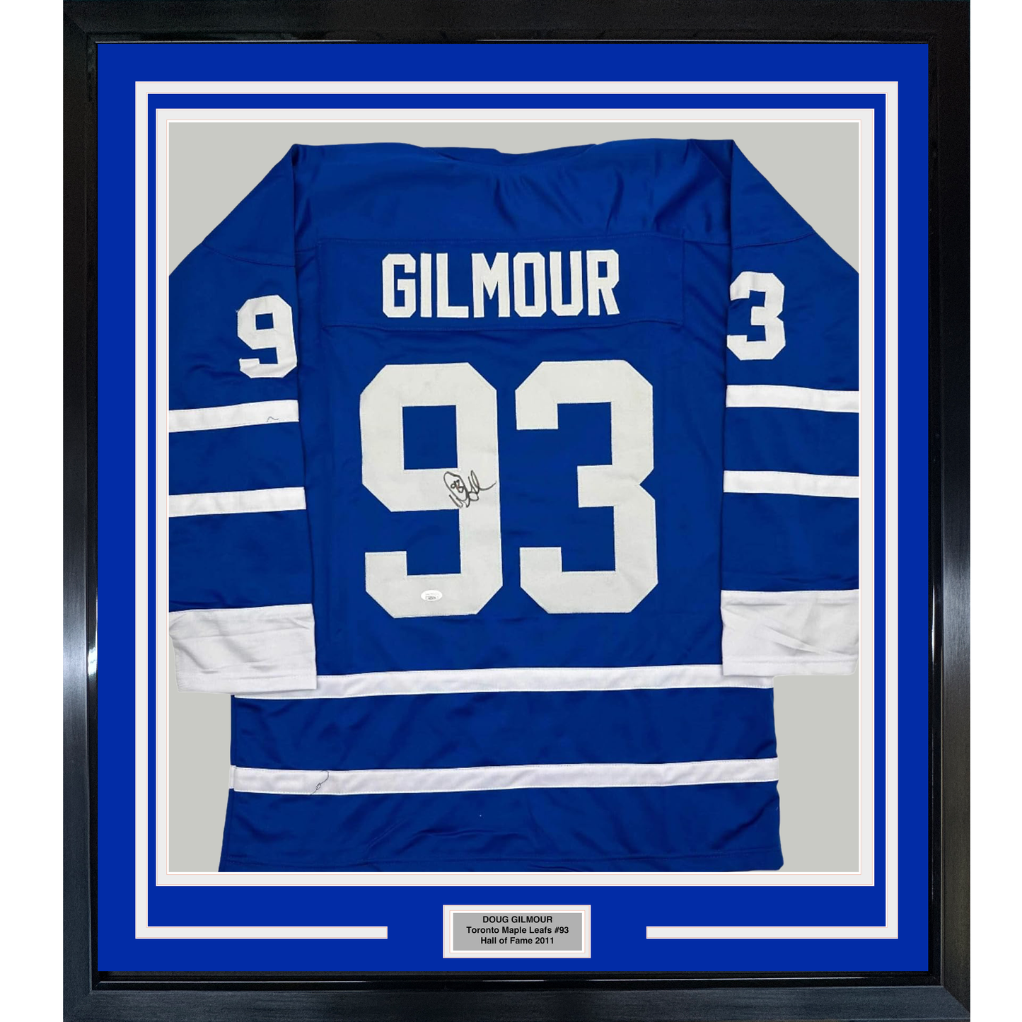 Framed Autographed/Signed Doug Gilmour 35x39 Toronto Blue Hockey Jersey JSA COA