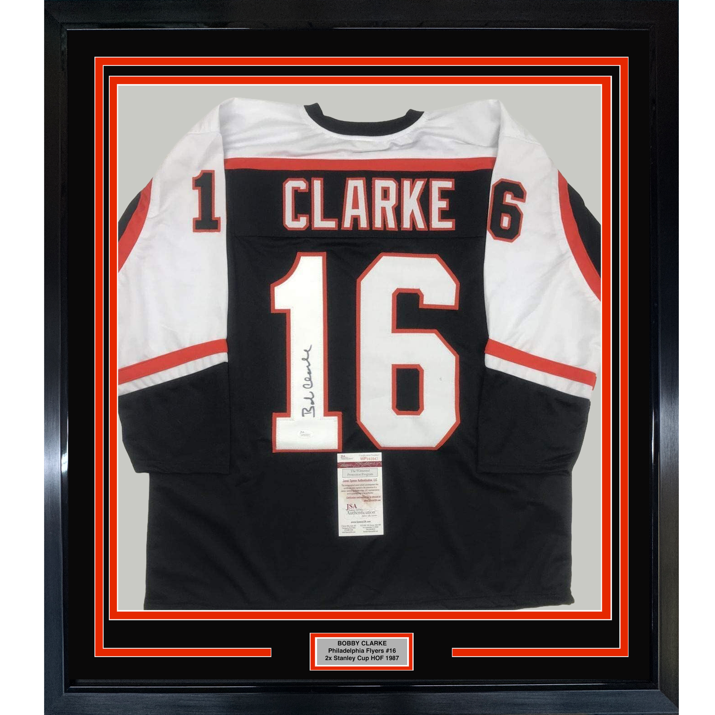 Framed Autographed/Signed Bob Bobby Clarke 35x39 Philadelphia Black Hockey Jersey JSA COA