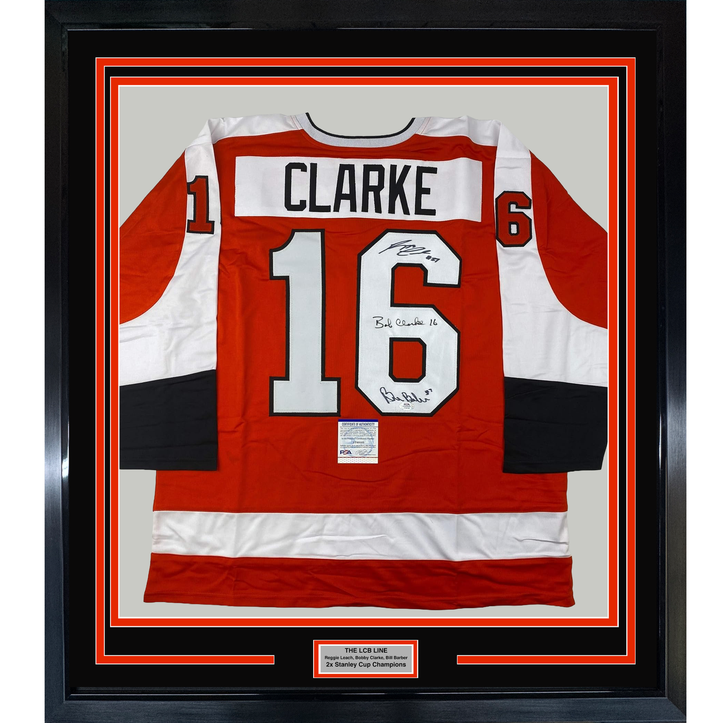Framed Autographed/Signed LCB Line Reggie Leach, Bobby Clarke & Bill Barber 35x39 Philadelphia Orange Hockey Jersey JSA COA