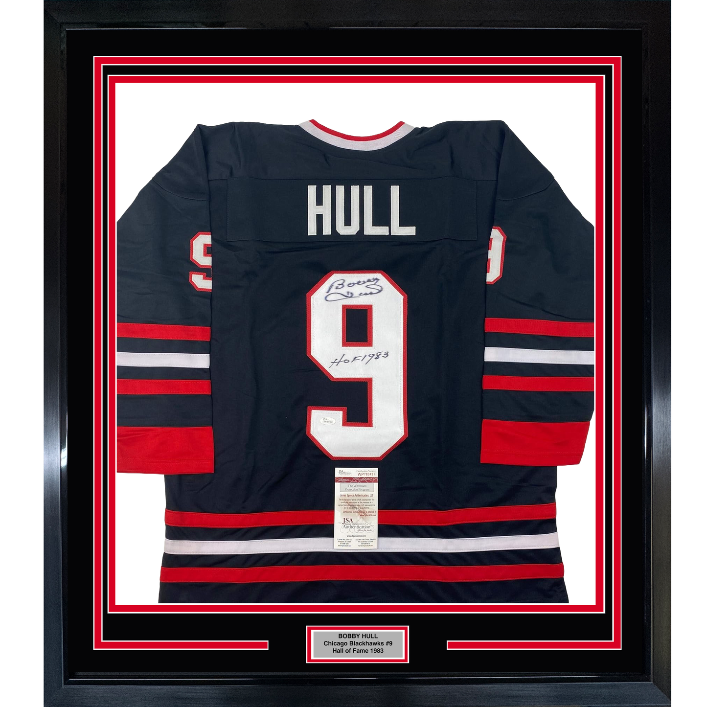 Framed Autographed/Signed Bobby Hull HOF 1983 35x39 Chicago Black Hockey Jersey JSA COA