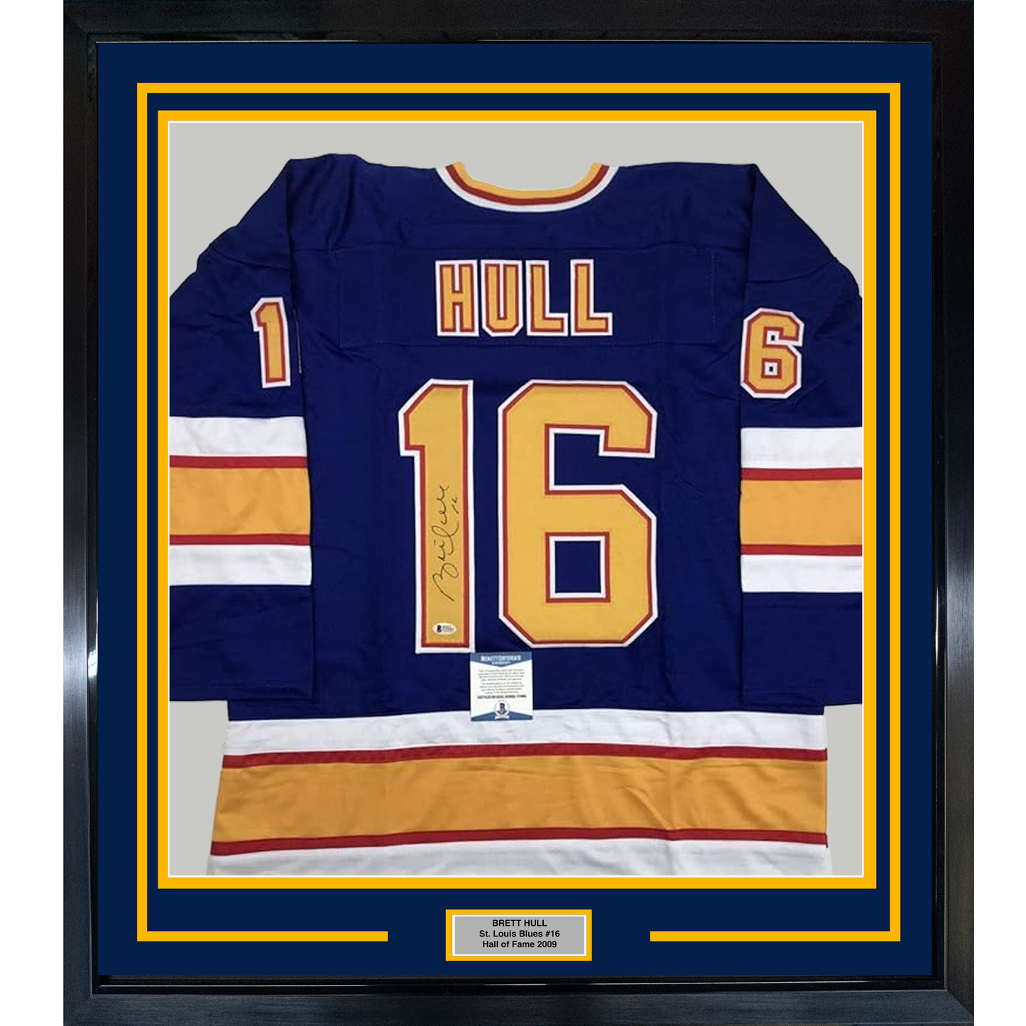 Framed Autographed/Signed Brett Hull 35x39 St. Louis Blue Hockey Jersey Beckett BAS COA