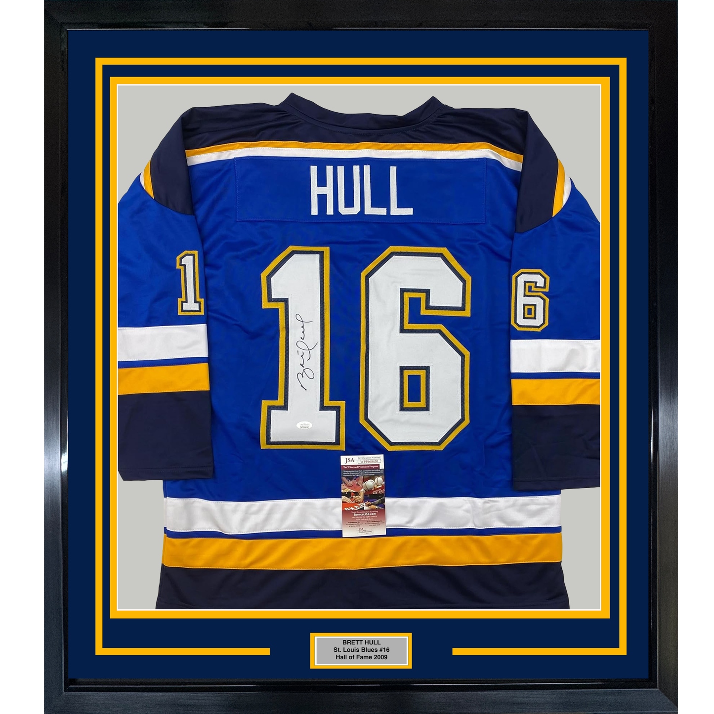 Framed Autographed/Signed Brett Hull 35x39 St. Louis Blue White Numbers Hockey Jersey JSA COA