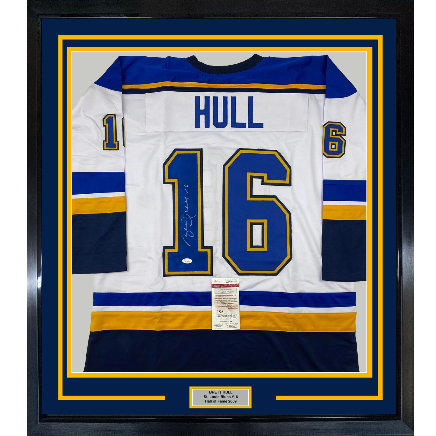 Framed Autographed/Signed Brett Hull 35x39 St. Louis White Hockey Jersey JSA COA