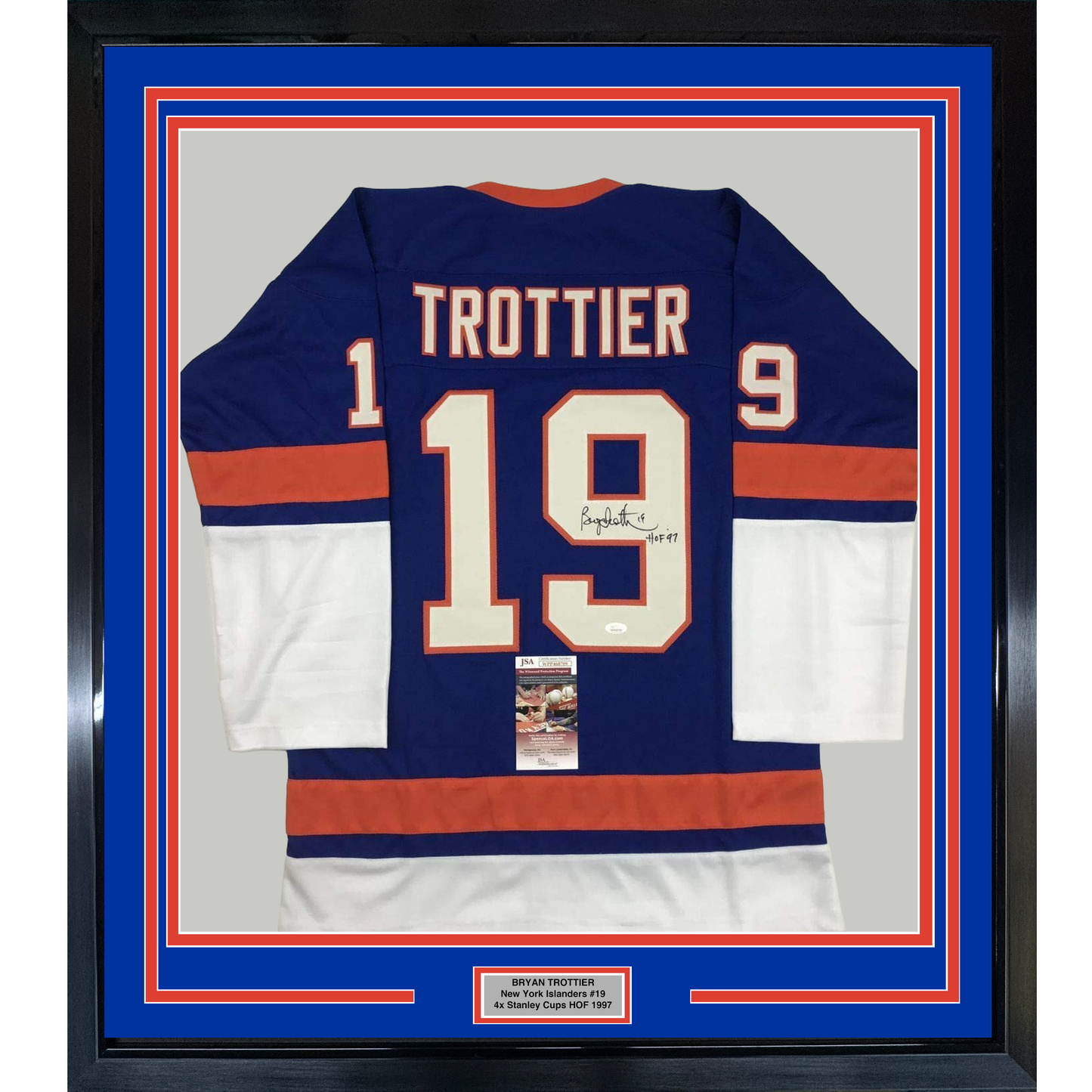 Framed Autographed/Signed Bryan Trottier HOF 97 35x39 New York Blue Hockey Jersey JSA COA