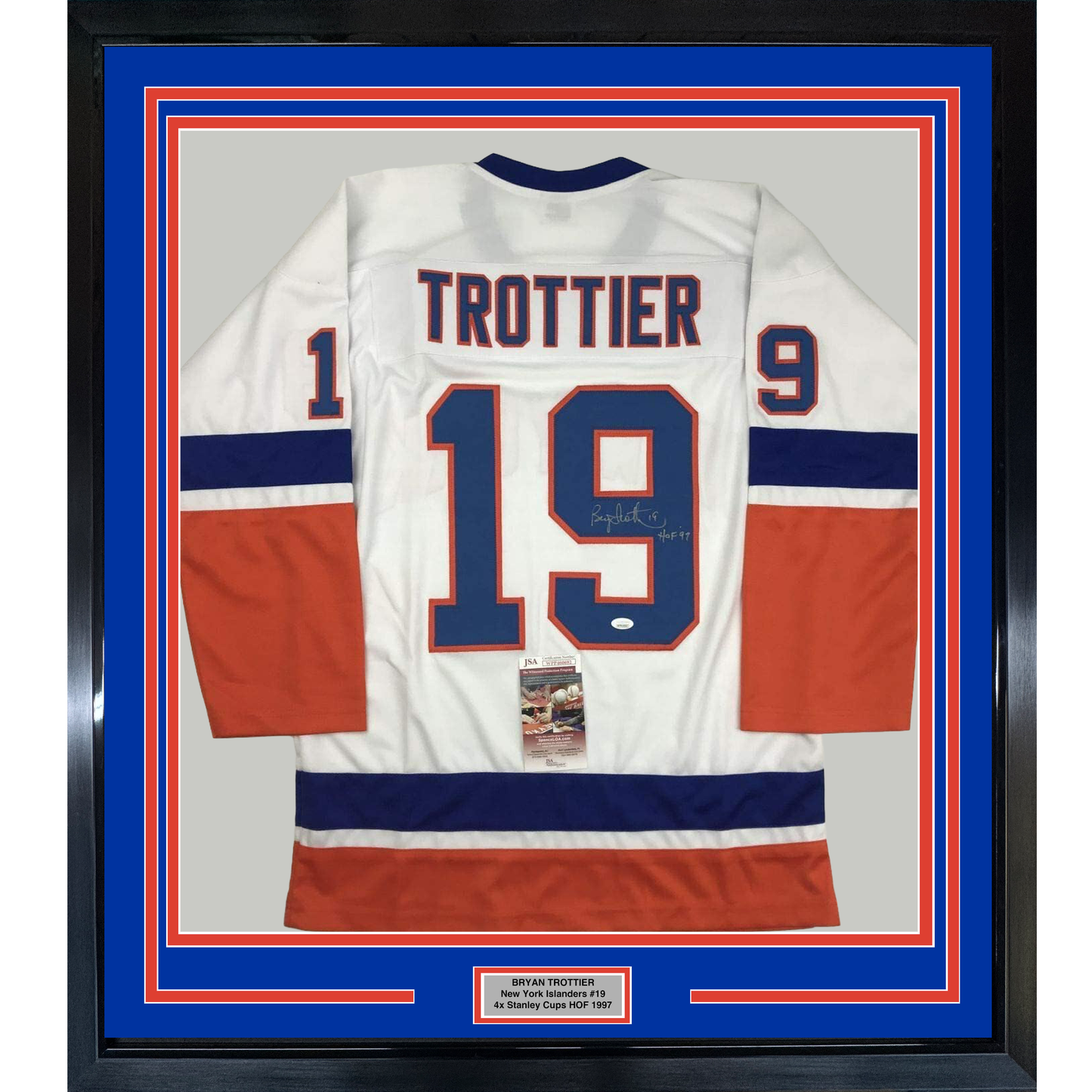 Framed Autographed/Signed Bryan Trottier HOF 97 35x39 New York White Hockey Jersey JSA COA