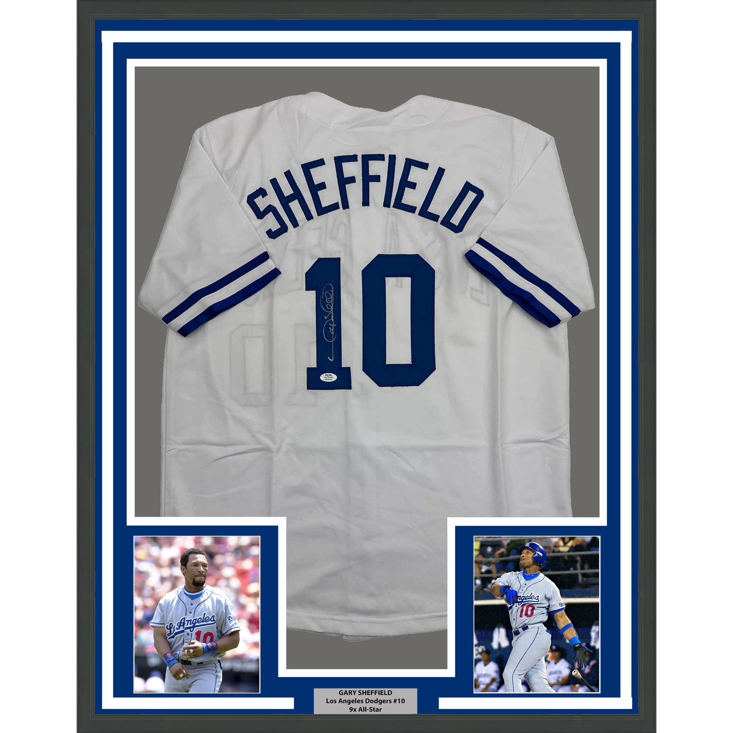 Framed Autographed/Signed Gary Sheffield 35x39 Los Angeles LA White Baseball Jersey PSA/DNA COA