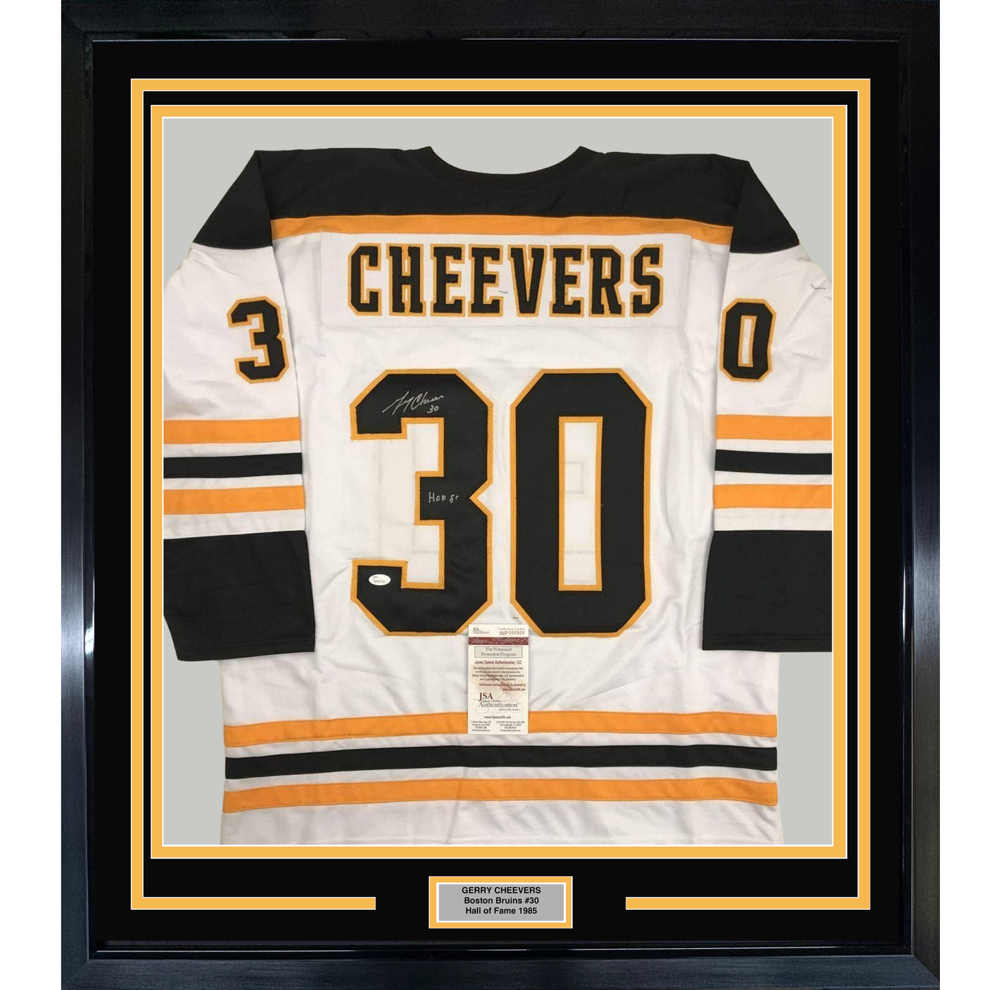 Framed Autographed/Signed Gerry Cheevers HOF 85 35x39 Boston White Hockey Jersey JSA COA