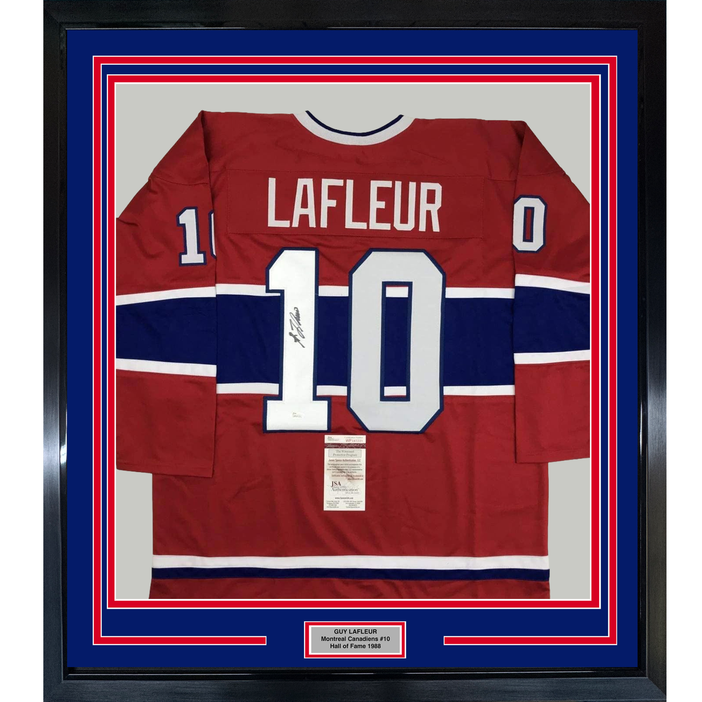 Framed Autographed/Signed Guy LaFleur 35x39 Montreal Red Hockey Jersey JSA COA