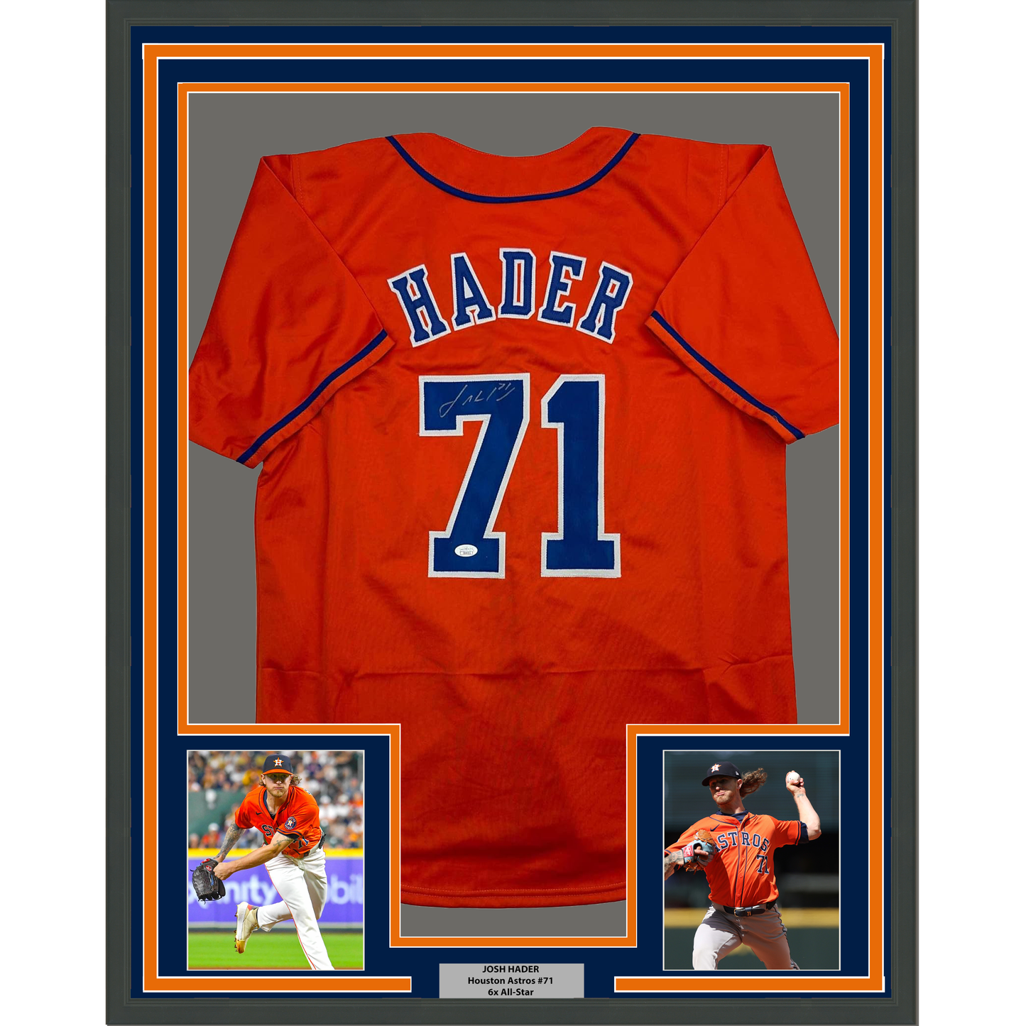 Framed Autographed/Signed Josh Hader 35x39 Houston Orange Baseball Jersey JSA COA