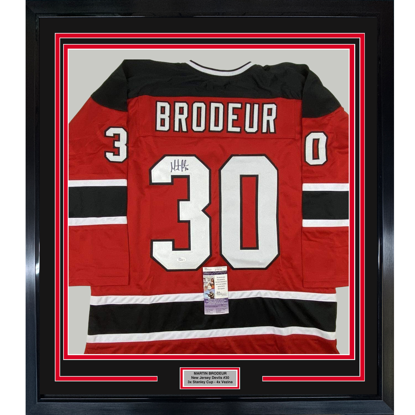 Framed Autographed/Signed Martin Brodeur 35x39 New Jersey Red Hockey Jersey JSA COA