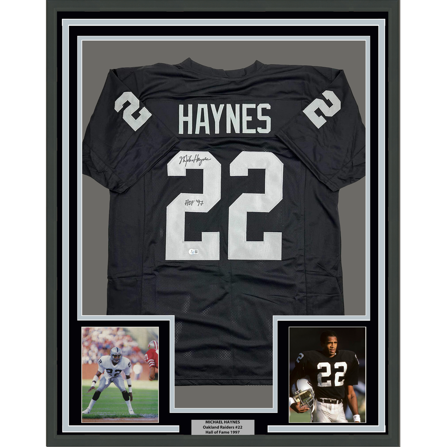 Framed Autographed/Signed Michael Mike Haynes 35x39 HOF 97 Oakland Black Football Jersey Beckett BAS COA