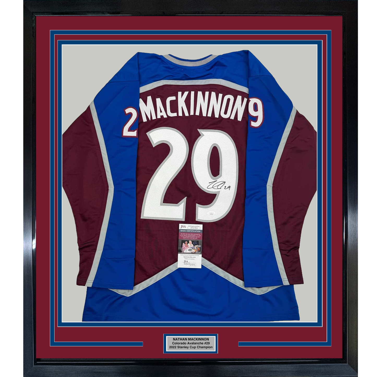 Framed Autographed/Signed Nathan MacKinnon 35x39 Colorado Maroon Hockey Jersey JSA COA