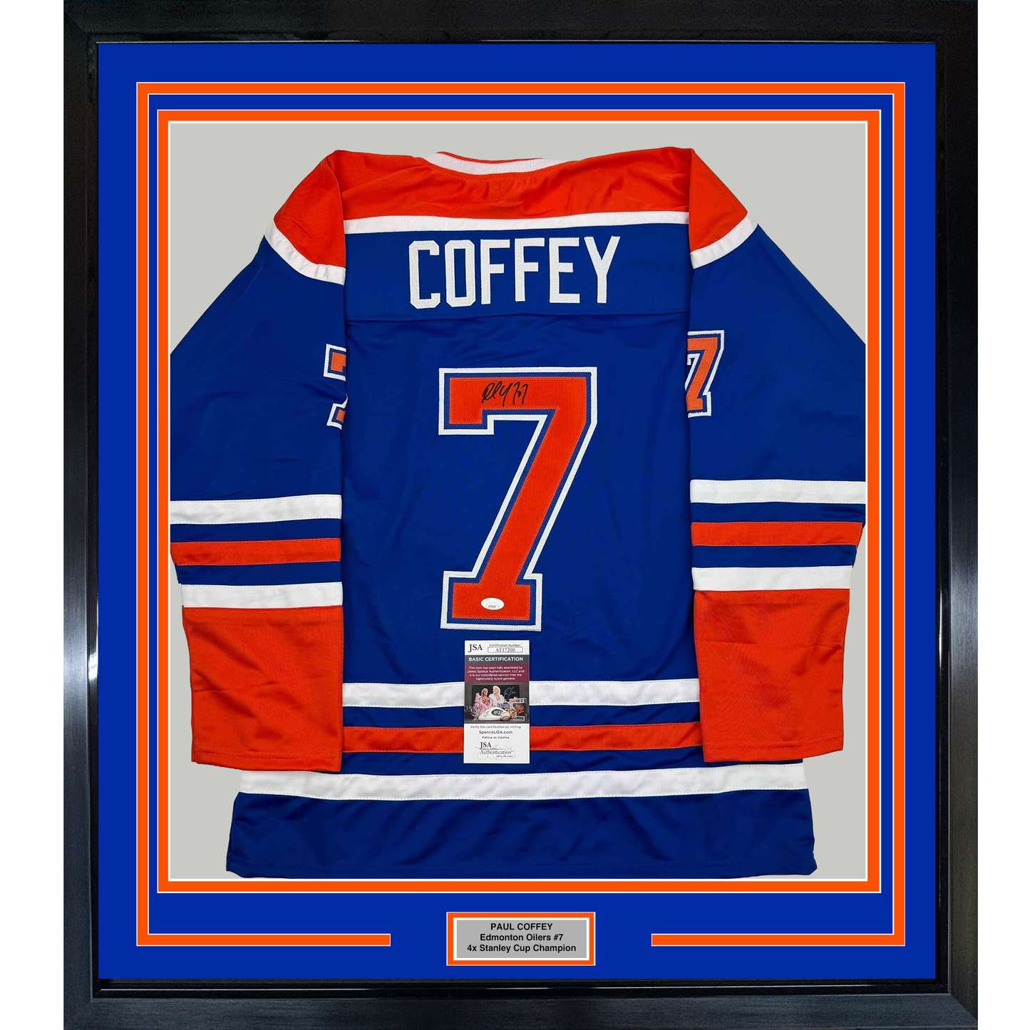 Framed Autographed/Signed Paul Coffey 35x39 Edmonton Blue Hockey Jersey JSA COA