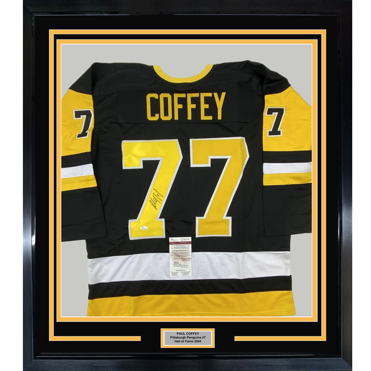 Framed Autographed/Signed Paul Coffey 35x39 Pittsburgh Black Hockey Jersey JSA COA