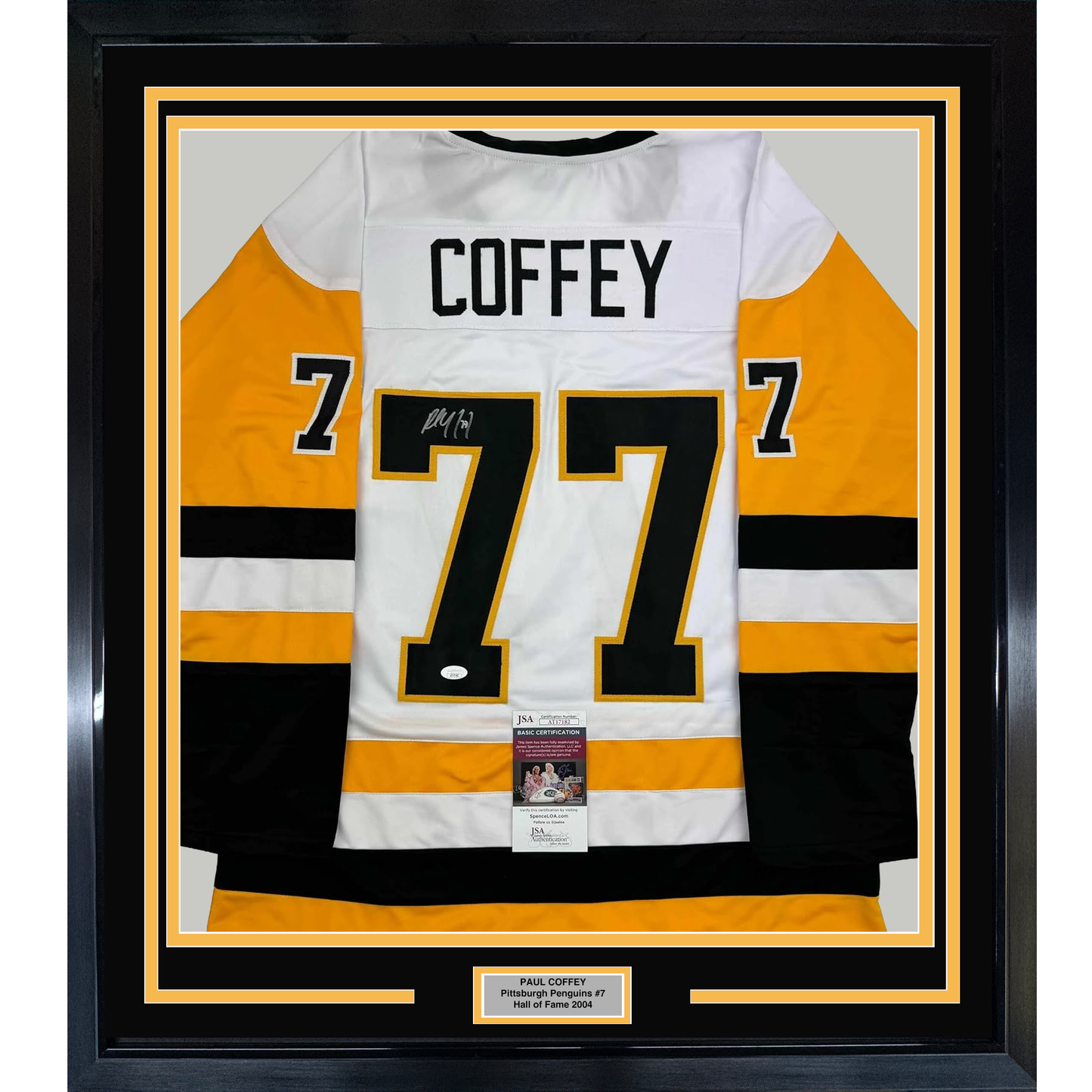 Framed Autographed/Signed Paul Coffey 35x39 Pittsburgh White Hockey Jersey JSA COA
