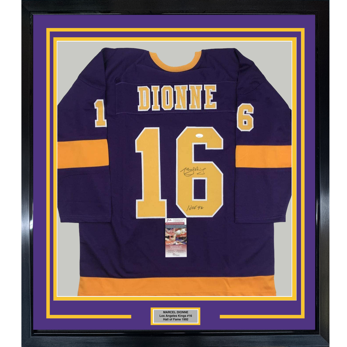 Framed Autographed/Signed Marcel Dionne HOF 92 35x39 Los Angeles LA Purple Hockey Jersey JSA COA