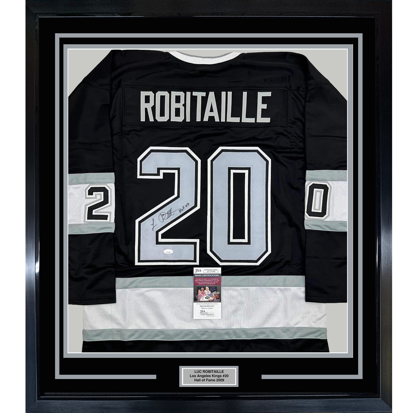 Framed Autographed/Signed Luc Robitaille HOF 09 35x39 Los Angeles LA Black Hockey Jersey JSA COA