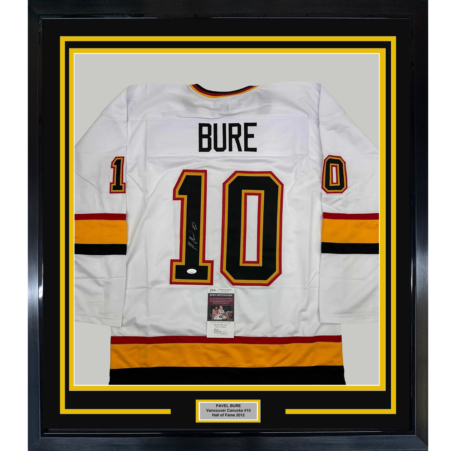 Framed Autographed/Signed Pavel Bure 35x39 Vancouver White Hockey Jersey JSA COA