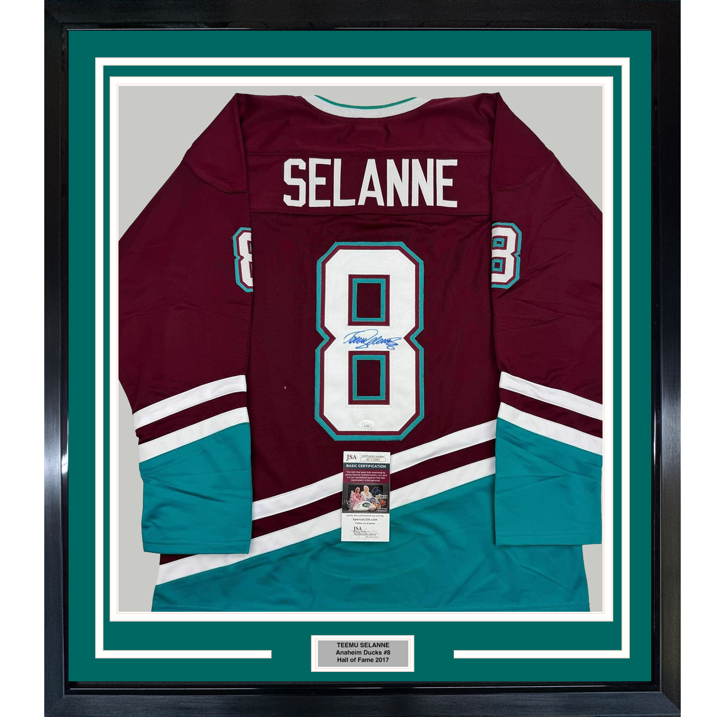 Framed Autographed/Signed Teemu Selanne 35x39 Anaheim Maroon Retro Hockey Jersey JSA COA