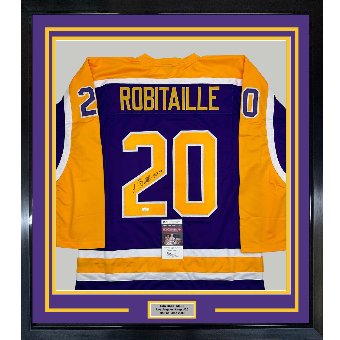 Framed Autographed/Signed Luc Robitaille HOF 09 35x39 Los Angeles LA Purple Hockey Jersey JSA COA