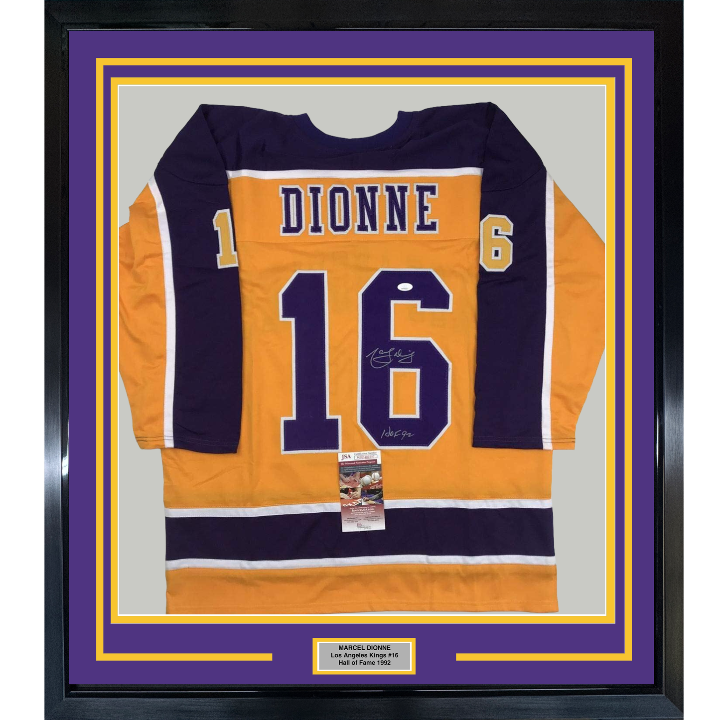 Framed Autographed/Signed Marcel Dionne HOF 92  35x39 Los Angeles LA Yellow Hockey Jersey JSA COA