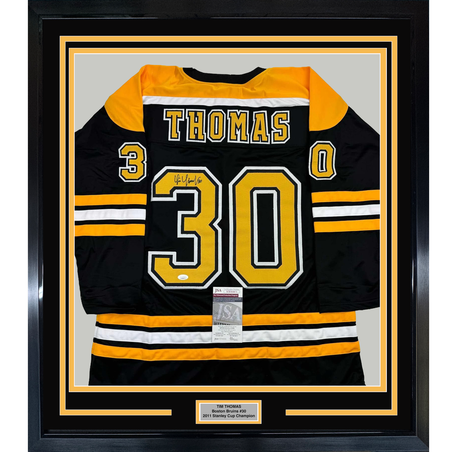 Framed Autographed/Signed Tim Thomas 35x39 Boston Black Hockey Jersey JSA COA